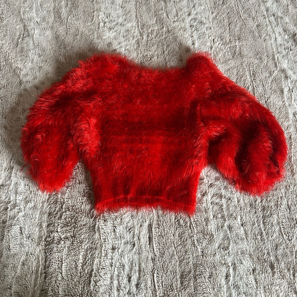 Red Off-the-Shoulder Sweater with Puffy Sleeves